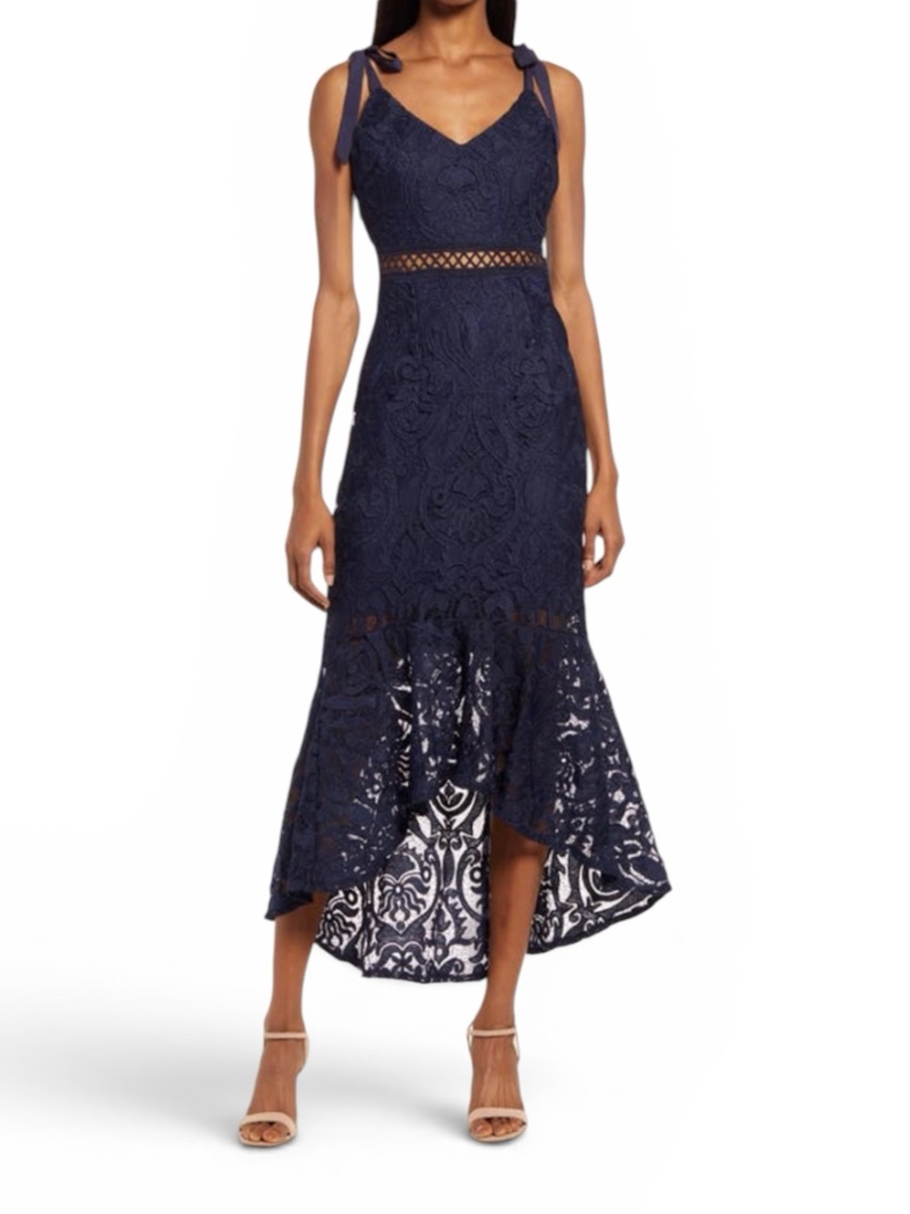 Lulus Navy Lace High Low Midi Dress Tie Strap Fit Flare Wedding Guest L
